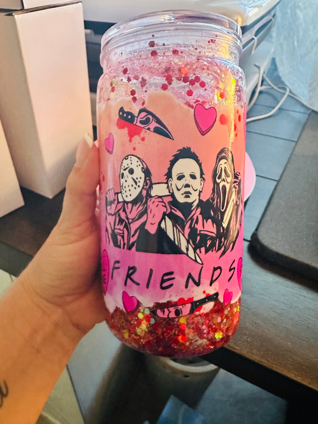 16oz Horror Friends Pink Snow Globe Tumbler - Halloween Slushy Glitter Can