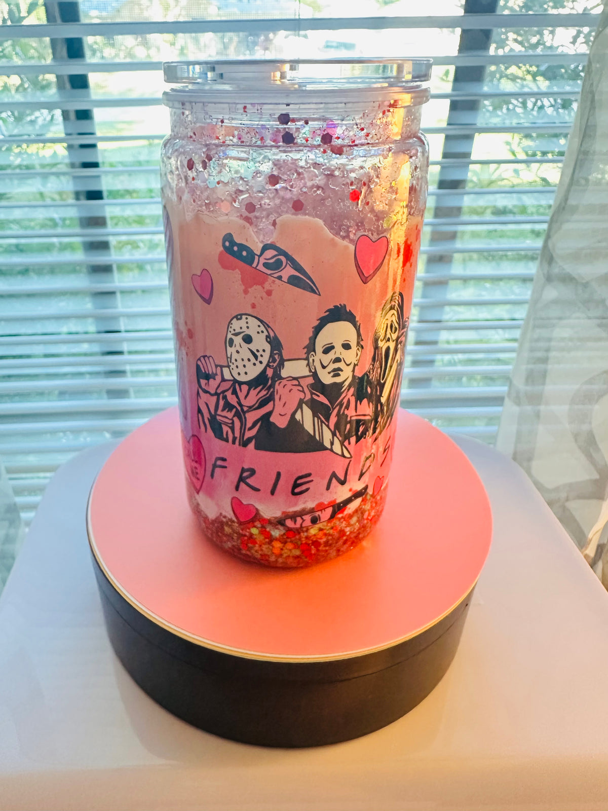16oz Horror Friends Pink Snow Globe Tumbler - Halloween Slushy Glitter Can