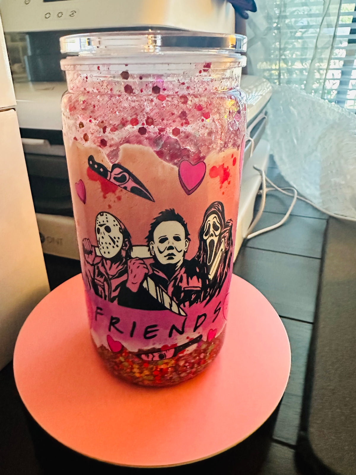 16oz Horror Friends Pink Snow Globe Tumbler - Halloween Slushy Glitter Can