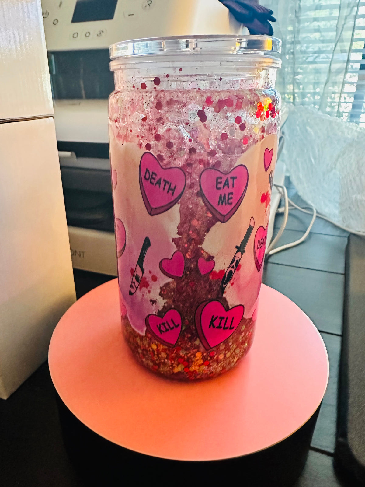 16oz Horror Friends Pink Snow Globe Tumbler - Halloween Slushy Glitter Can