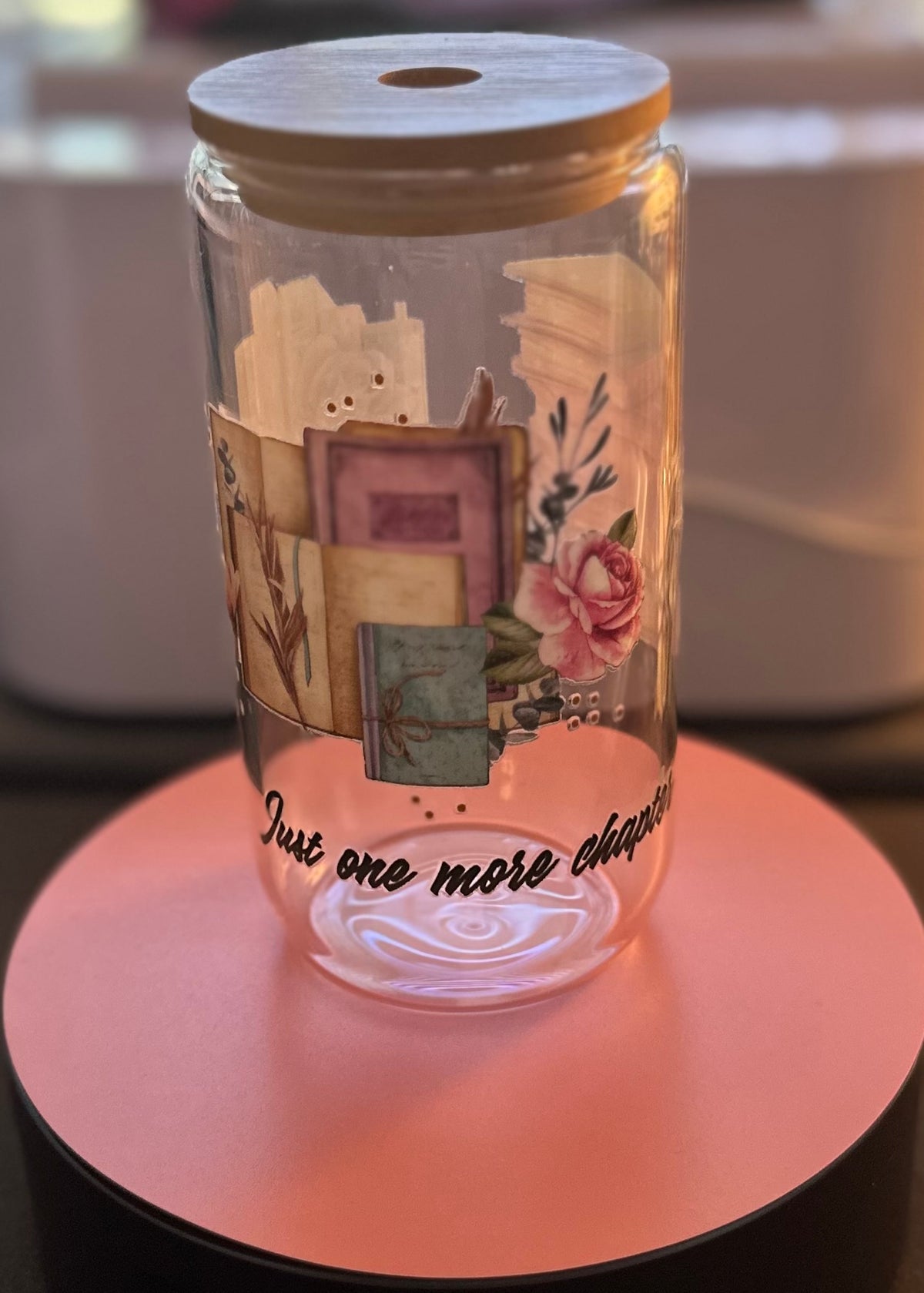 16oz "Just One More Chapter" Glass Can Tumbler with Bamboo Lid – No Glitter