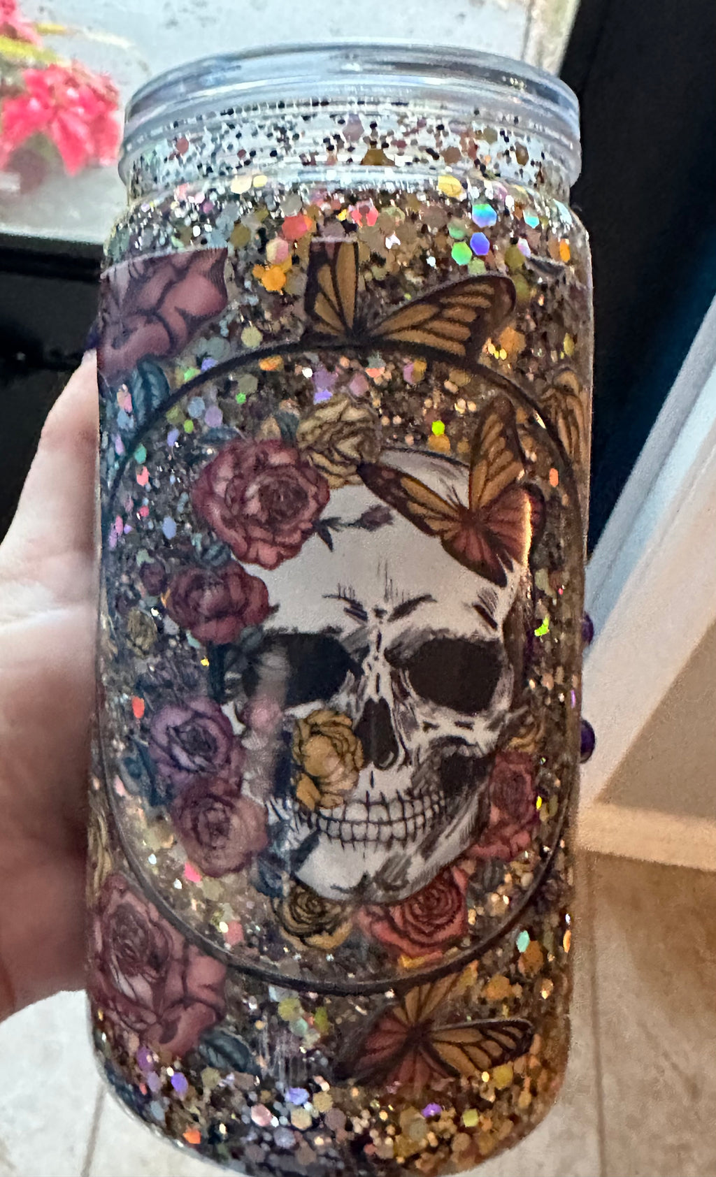 16oz Skull & Butterfly Snow Globe Tumbler - Floral Glitter Acrylic Can