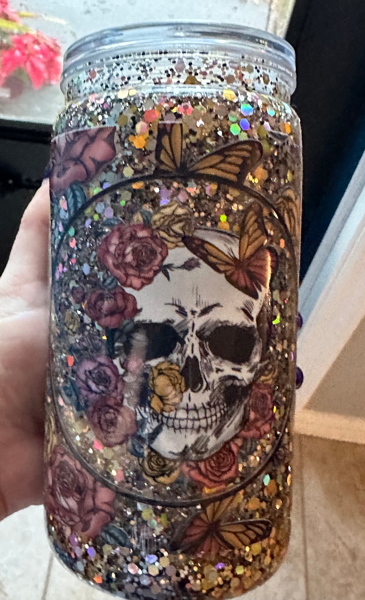 16oz Skull & Butterfly Snow Globe Tumbler - Floral Glitter Acrylic Can