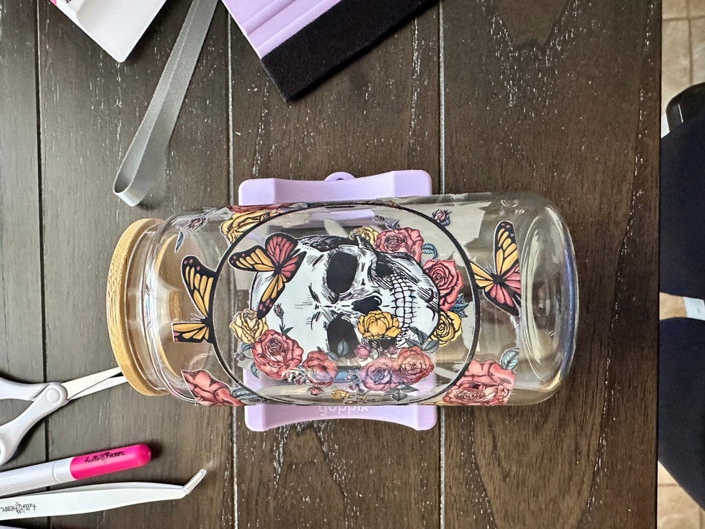 16oz Skull & Butterfly Snow Globe Tumbler - Floral Glitter Acrylic Can