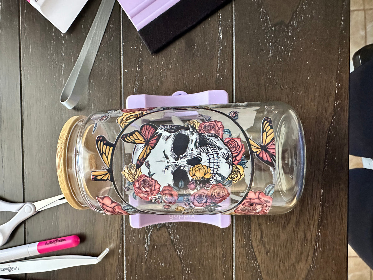 16oz Skull & Butterfly Snow Globe Tumbler - Floral Glitter Acrylic Can