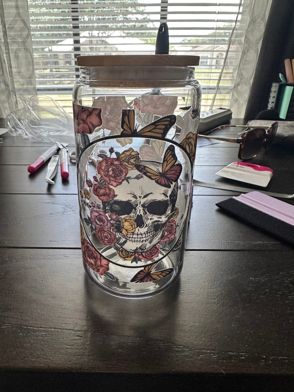 16oz Skull & Butterfly Snow Globe Tumbler - Floral Glitter Acrylic Can