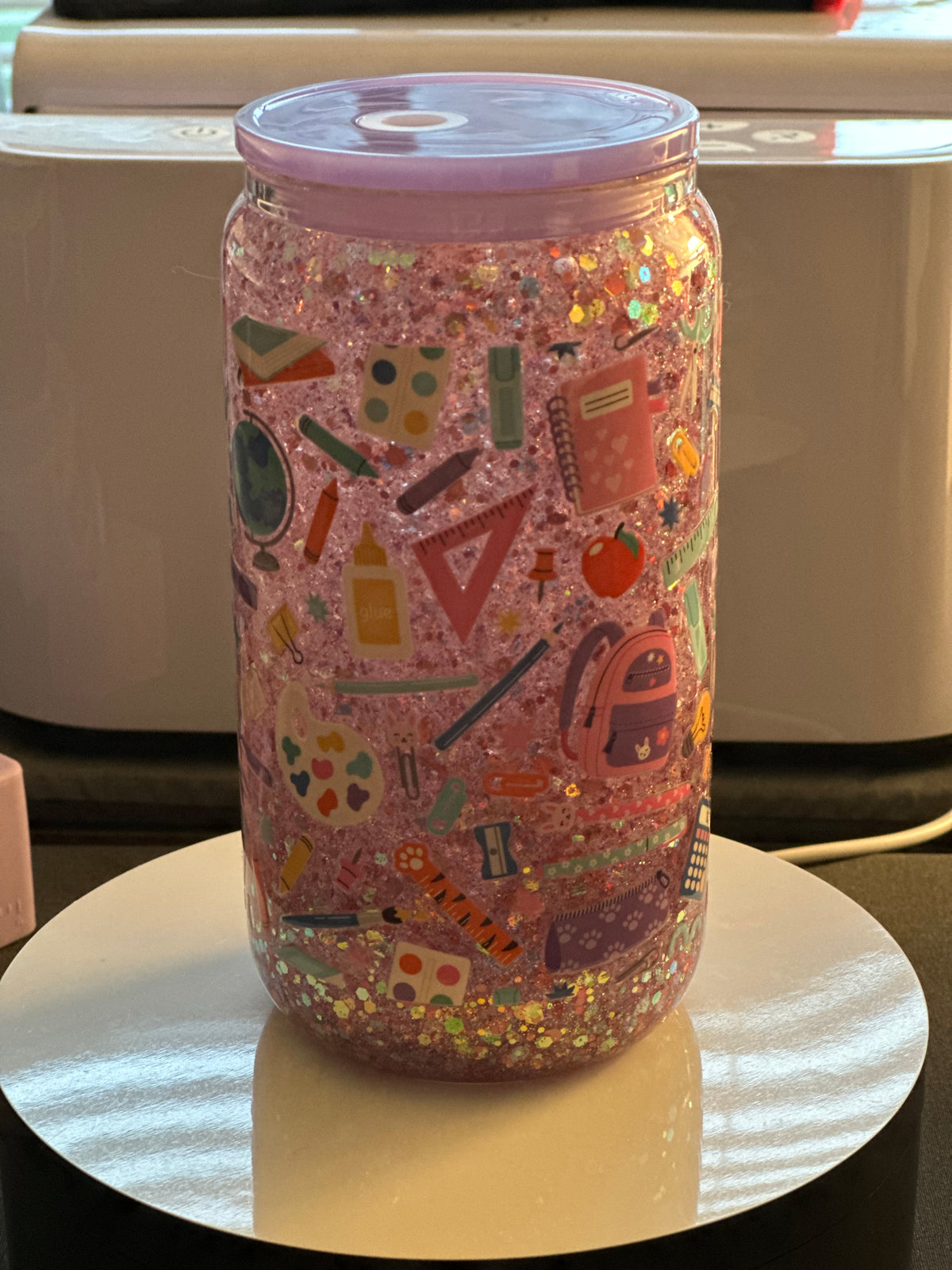16oz Purple School Days Snow Globe Tumbler - Back to School Sparkle Glass Can