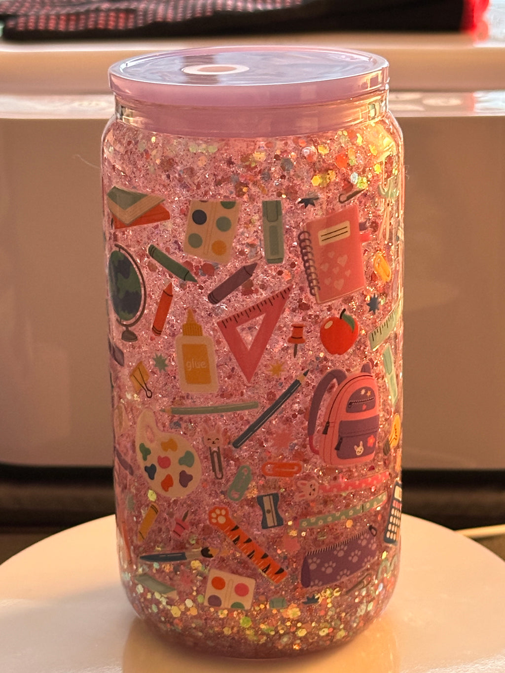 16oz Purple School Days Snow Globe Tumbler - Back to School Sparkle Glass Can