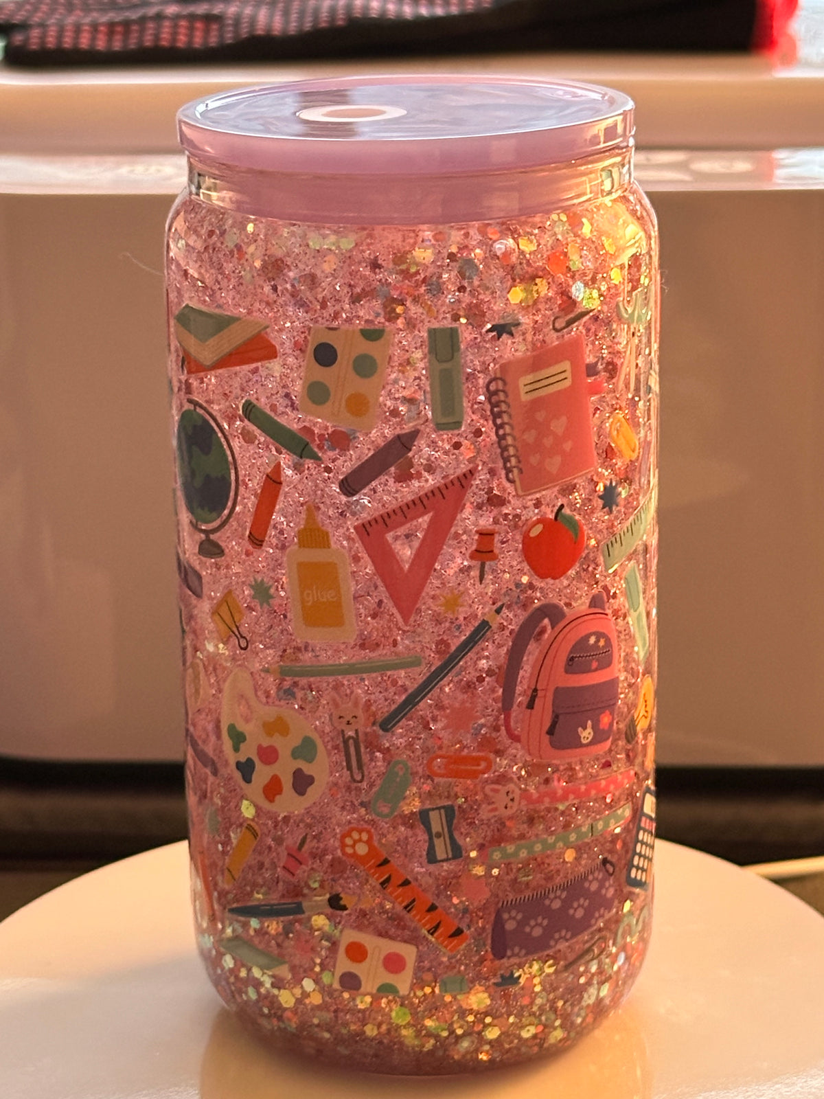 16oz Purple School Days Snow Globe Tumbler - Back to School Sparkle Glass Can