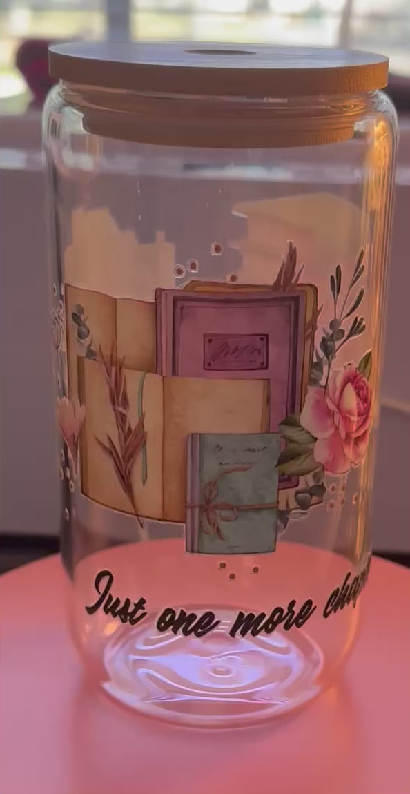 16oz "Just One More Chapter" Glass Can Tumbler with Bamboo Lid – No Glitter