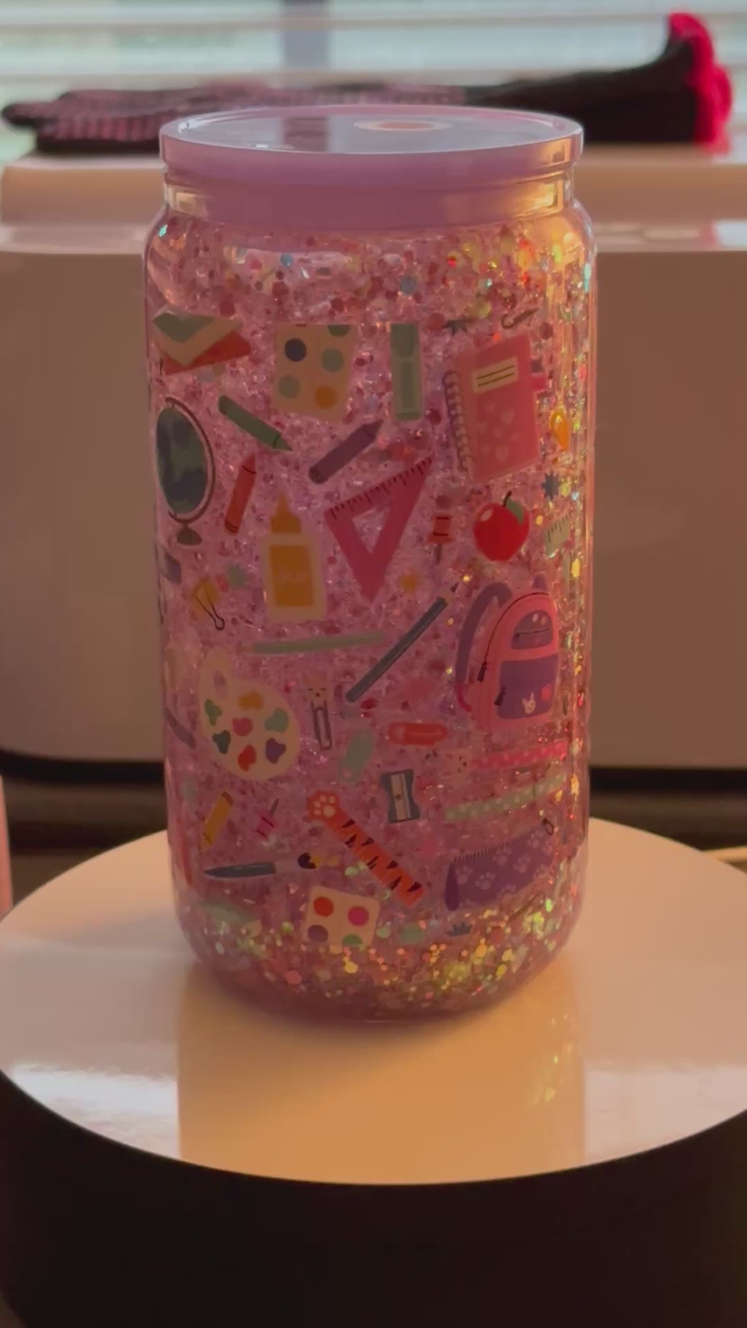 16oz Purple School Days Snow Globe Tumbler - Back to School Sparkle Glass Can
