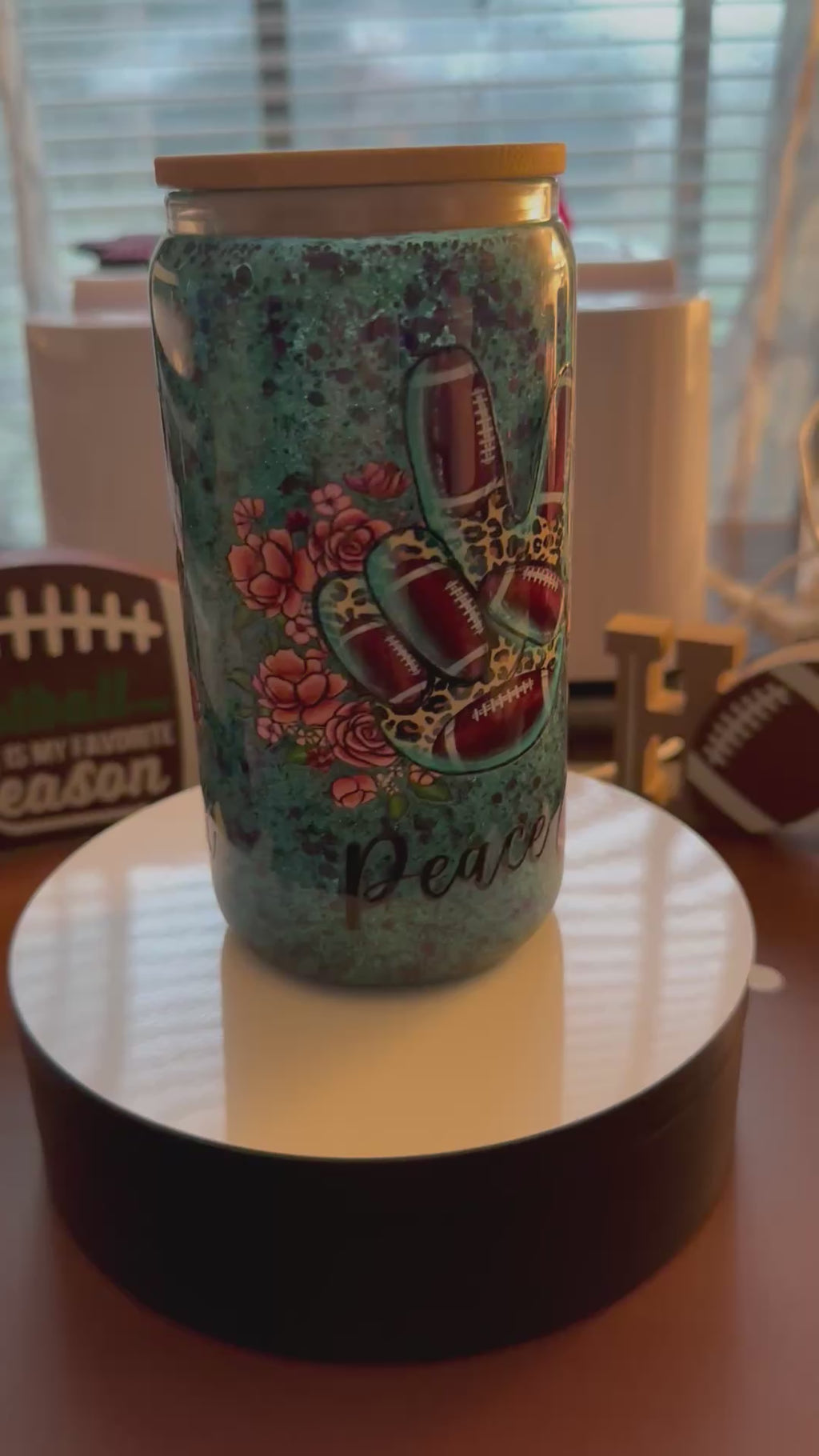 16oz Football Mom Snow Globe Tumbler - Teal Glitter Game Day Glass Can