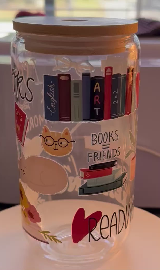 16oz Book Theme Glass Can Tumbler with Bamboo Lid & Straw – No Glitter