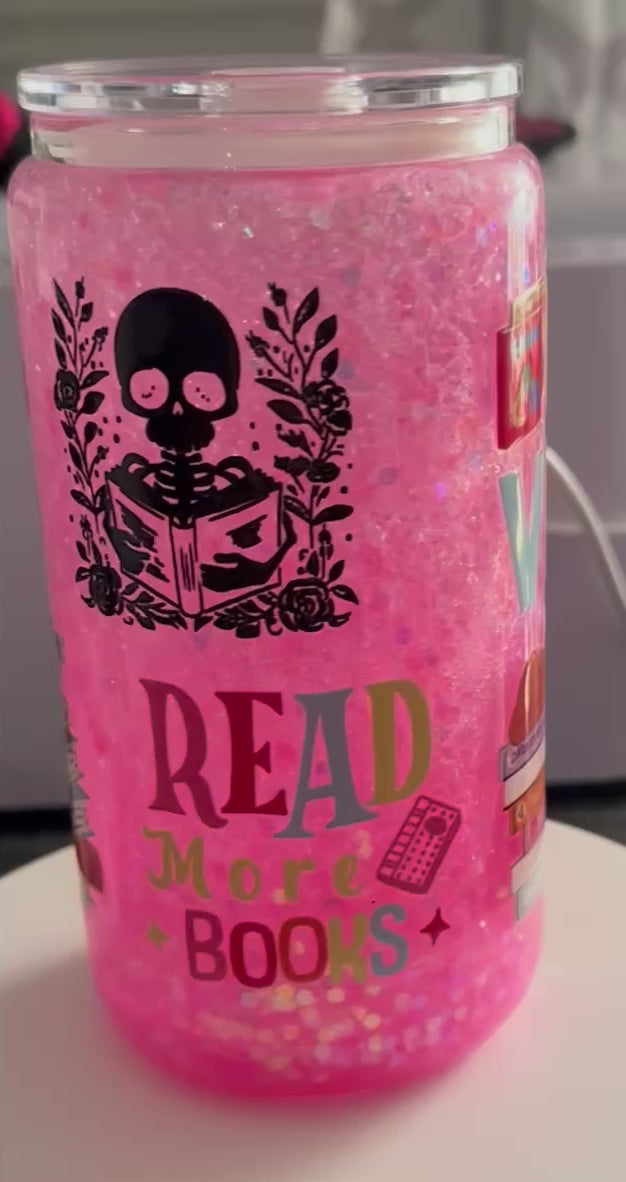 16oz Pink Bookworm Snow Globe Tumbler - Cozy Book Club Glitter Glass Can